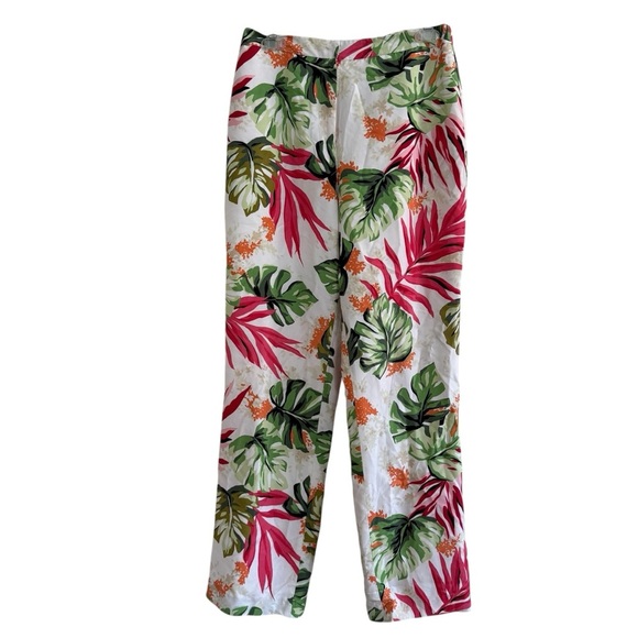 Talbots Pure Silk Pink Green Pants Leaf Tropical Print Lined Size 8 - Picture 1 of 7